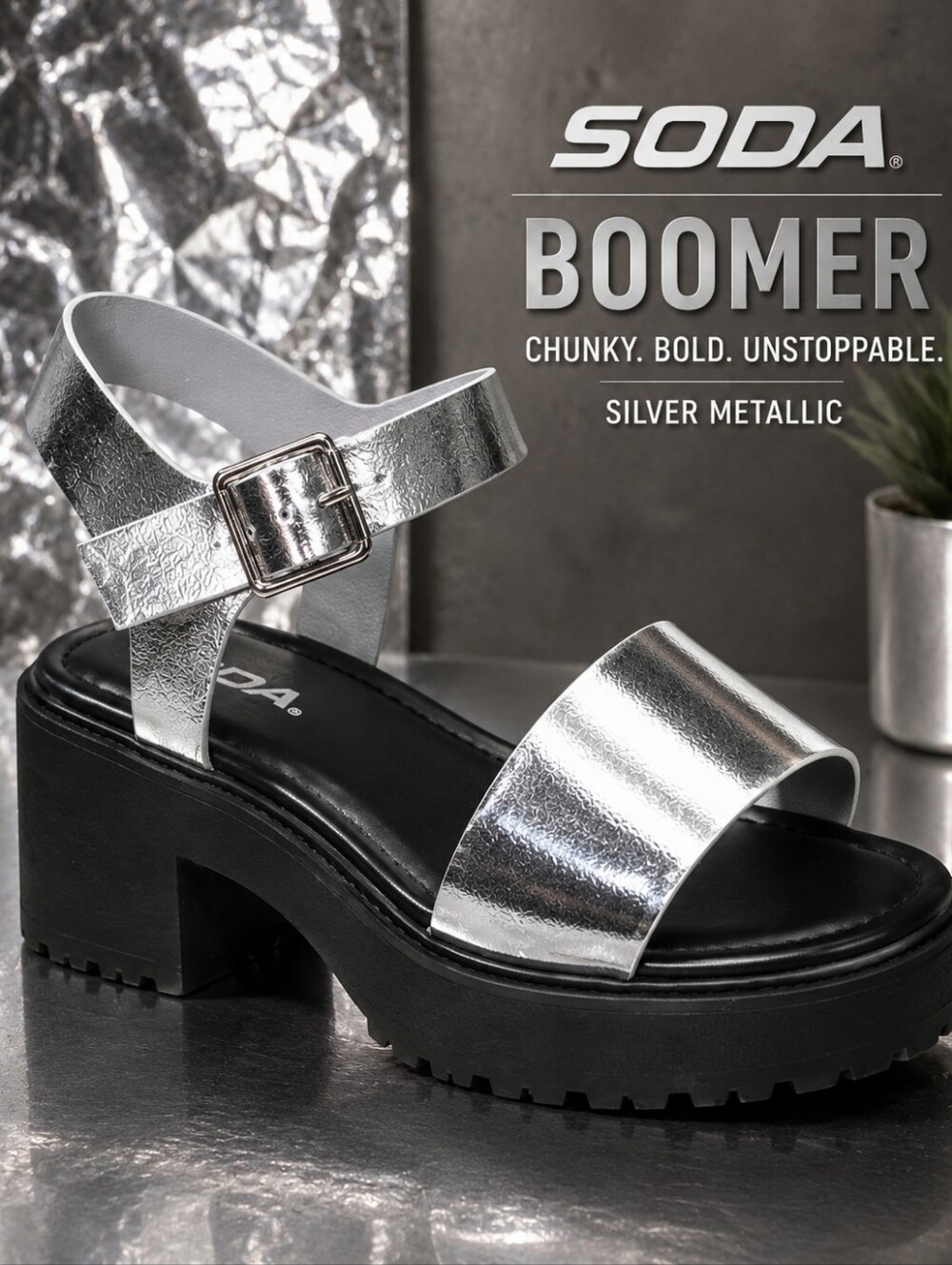 Soda Silver Metallic Chunky Platform Sandal